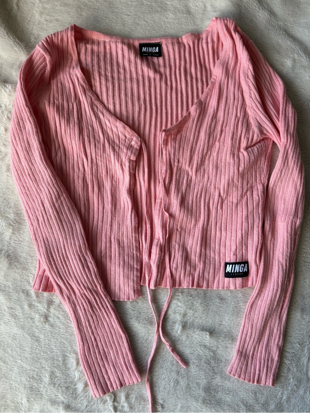 Minga London Pink Ribbed Tie-Front Cardigan